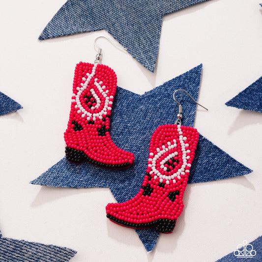 Western Webbing - Pink Seed Bead Boot Silver Fishhook Earrings - Paparazzi Accessories