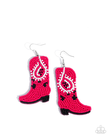 Western Webbing - Pink Seed Bead Boot Silver Fishhook Earrings - Paparazzi Accessories