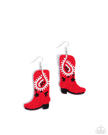 Western Webbing - Red Seed Bead Boot Silver Fishhook Earrings - Paparazzi Accessories