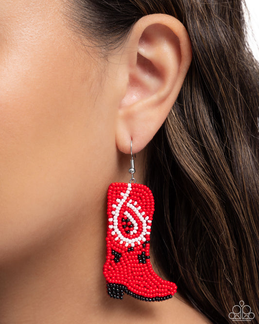 Western Webbing - Red Seed Bead Boot Silver Fishhook Earrings - Paparazzi Accessories