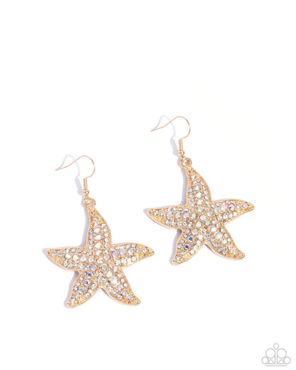 Starfish Spectacle - Gold Iridescent Rhinestone Fishhook Earrings - Paparazzi Accessories