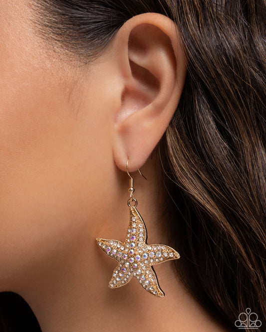 Starfish Spectacle - Gold Iridescent Rhinestone Fishhook Earrings - Paparazzi Accessories