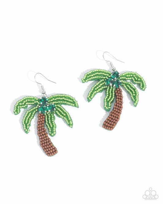 Pampered Palm Tree - Green, Brown Seed Bead Silver Fishhook Earrings - Paparazzi Accessories