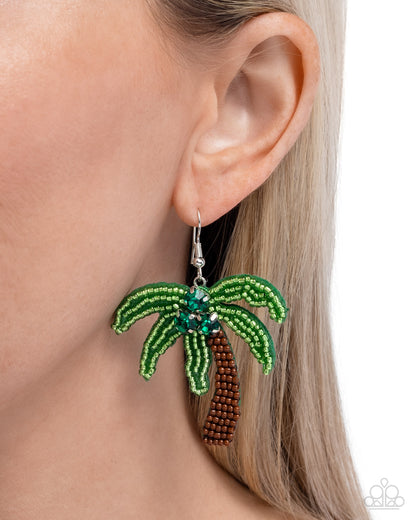 Pampered Palm Tree - Green, Brown Seed Bead Silver Fishhook Earrings - Paparazzi Accessories