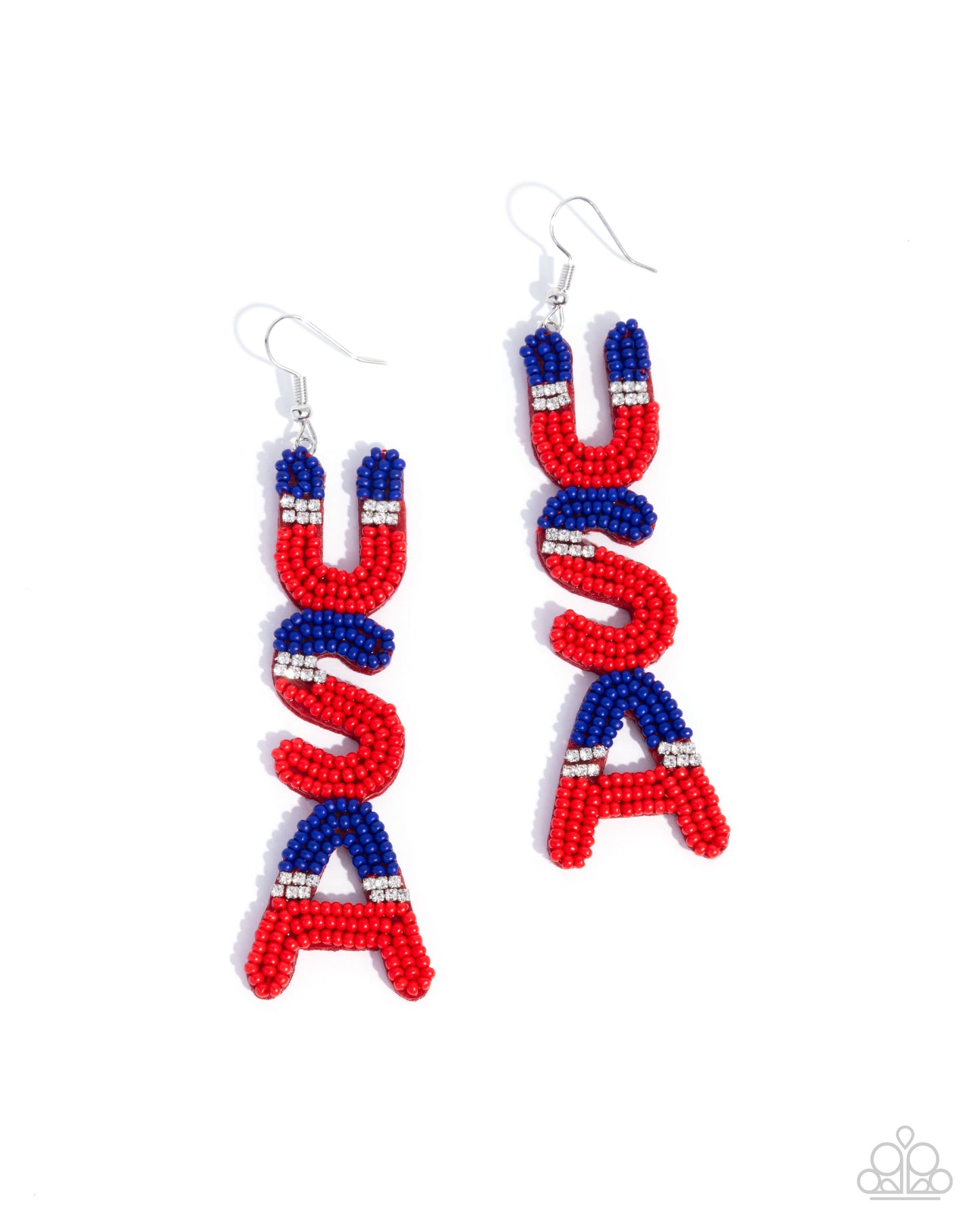Pampered Patriot - Multi - Red & Blue Seed Beads, White Rhinestone "USA" Silver Fishhook Earrings - Paparazzi Accessories