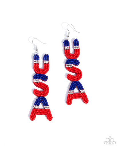 Pampered Patriot - Multi - Red & Blue Seed Beads, White Rhinestone "USA" Silver Fishhook Earrings - Paparazzi Accessories