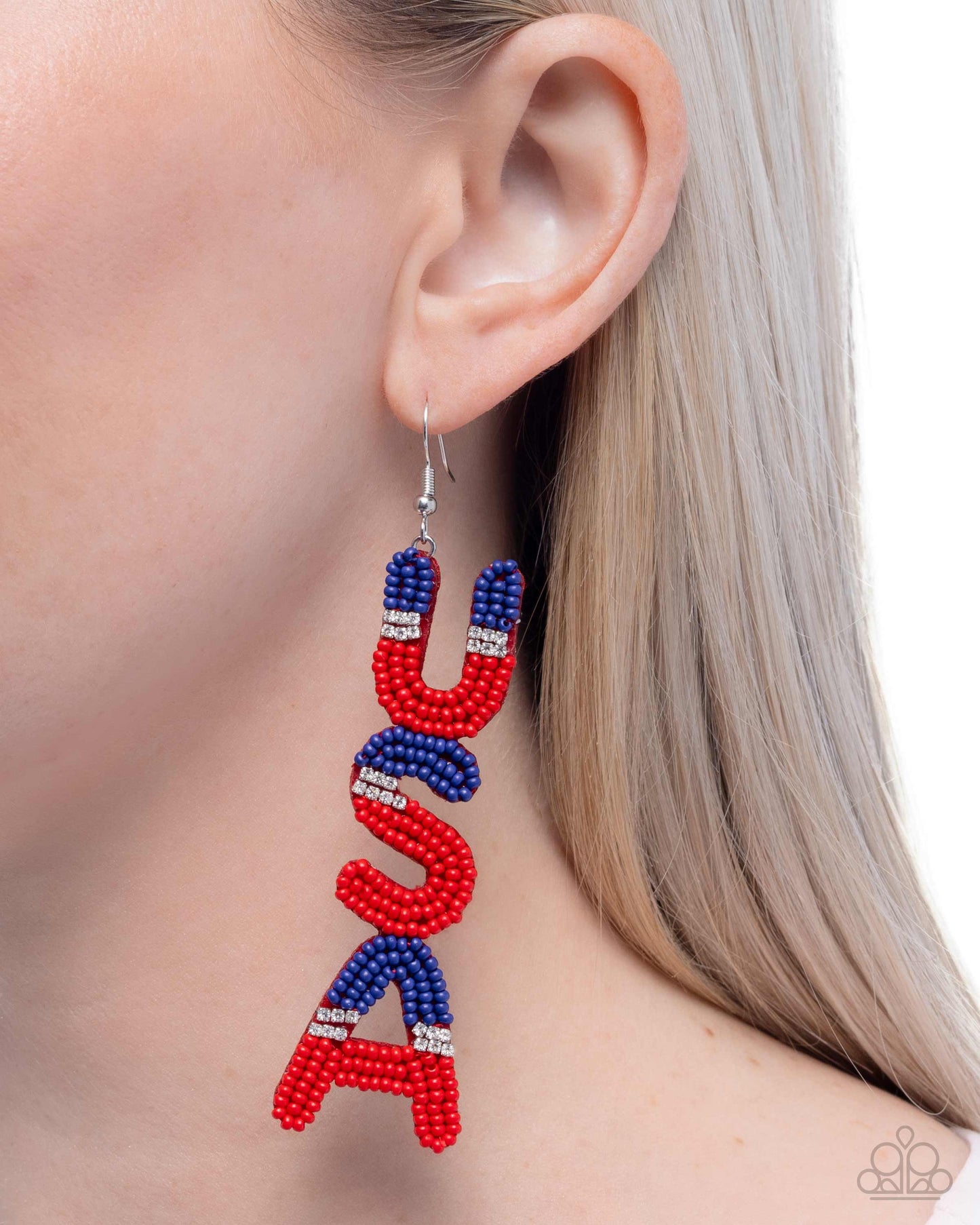 Pampered Patriot - Multi - Red & Blue Seed Beads, White Rhinestone "USA" Silver Fishhook Earrings - Paparazzi Accessories