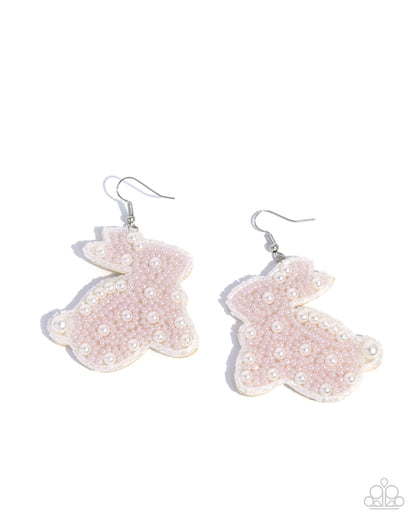 Easter Elegance - Pink & White Seed Bead Bunny Silver Fishhook Earrings - Paparazzi Accessories