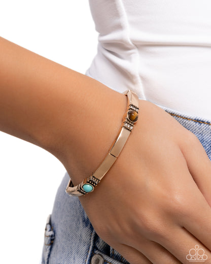 Badlands Beginning - Multi Stone (Tiger's Eye, Turquoise, White) Gold Stretchy Bracelet - Paparazzi Accessories