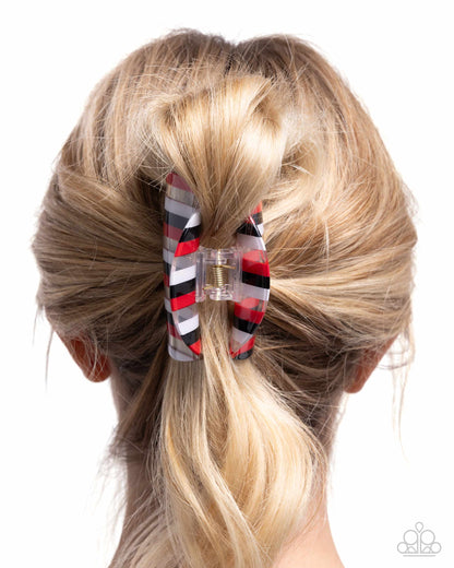 Linear Legato - Red, White, Black Striped Clear Acrylic Claw Clip - Paparazzi Accessories