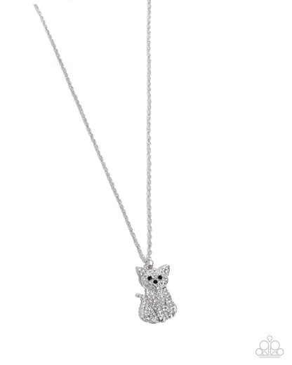 Cat Call - White Rhinestone Silver Cat Necklace - Paparazzi Accessories