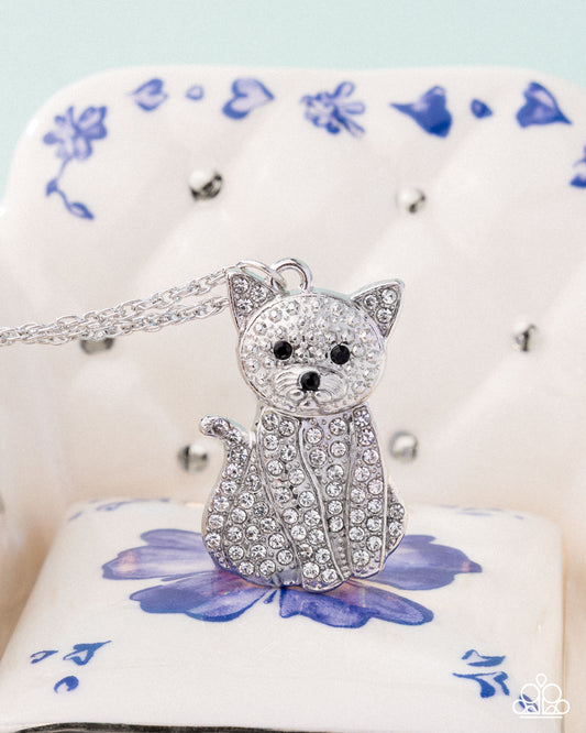 Cat Call - White Rhinestone Silver Cat Necklace - Paparazzi Accessories