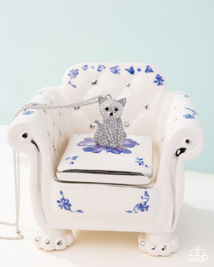 Cat Call - White Rhinestone Silver Cat Necklace - Paparazzi Accessories