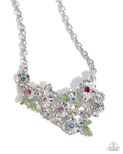 Head-Turning Haute - Multi Iridescent Rhinestone Silver Flower Necklace- June 2025 Life of the Party Exclusive - Paparazzi Accessories