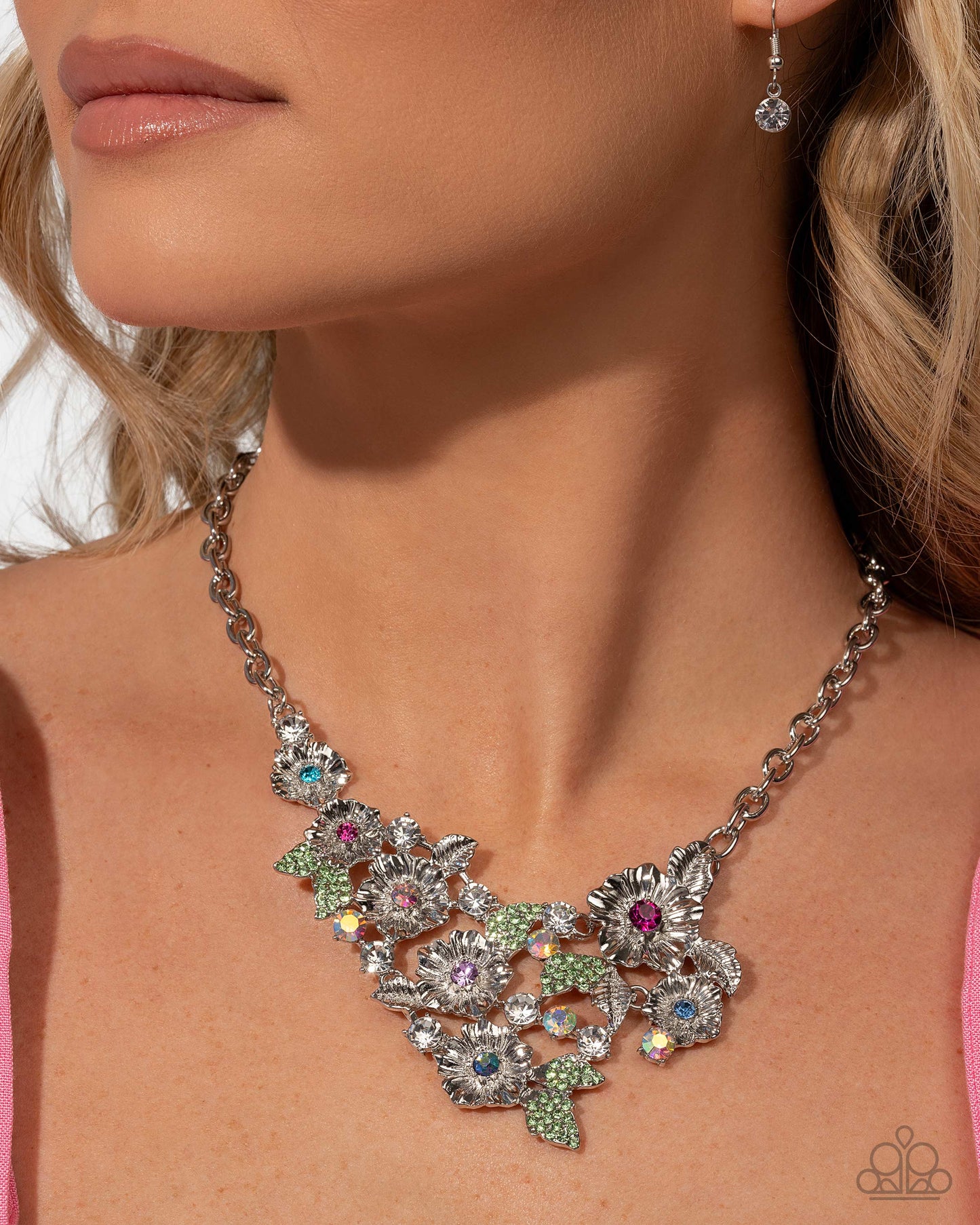 Head-Turning Haute - Multi Iridescent Rhinestone Silver Flower Necklace- June 2025 Life of the Party Exclusive - Paparazzi Accessories