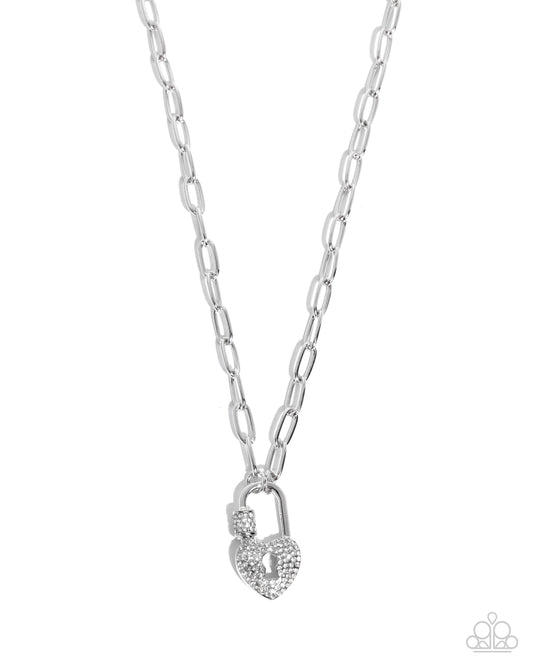 Padlock Potential - White Rhinestone Silver Heart Padlock Necklace - Paparazzi Accessories
