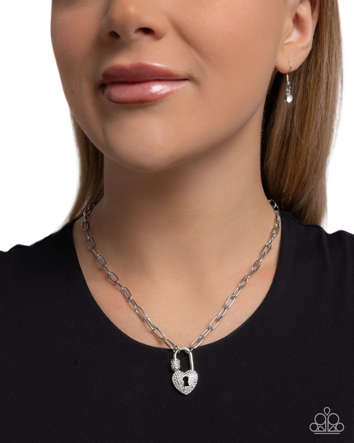 Padlock Potential - White Rhinestone Silver Heart Padlock Necklace - Paparazzi Accessories