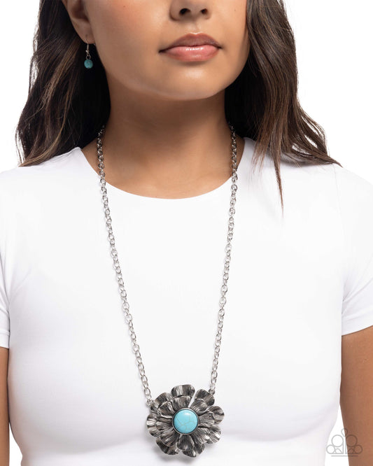 Floral Form - Blue Turquoise Crackle Stone Silver Flower Pendant Necklace - Paparazzi Accessories