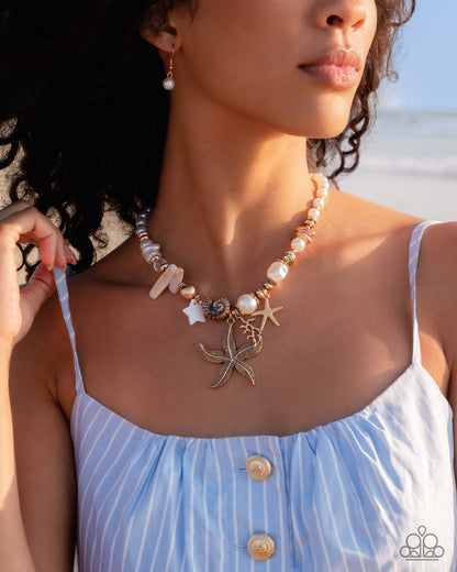 Coastal Cameo - Multi Beads White Pearl Gold Starfish Necklace - Paparazzi Accessories