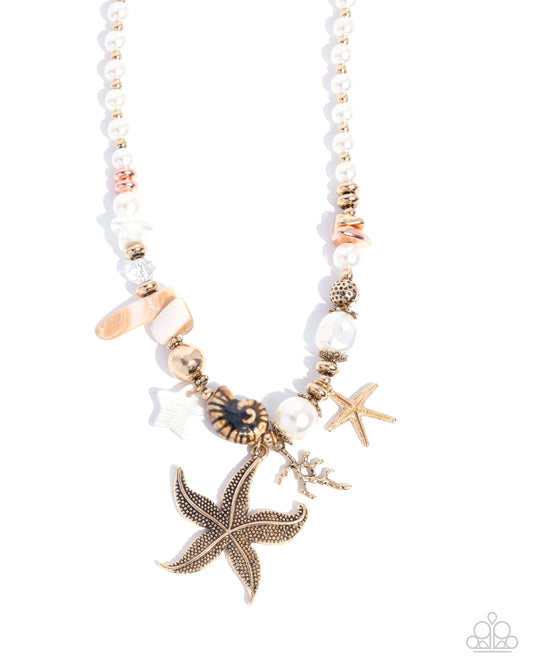Coastal Cameo - Multi Beads White Pearl Gold Starfish Necklace - Paparazzi Accessories
