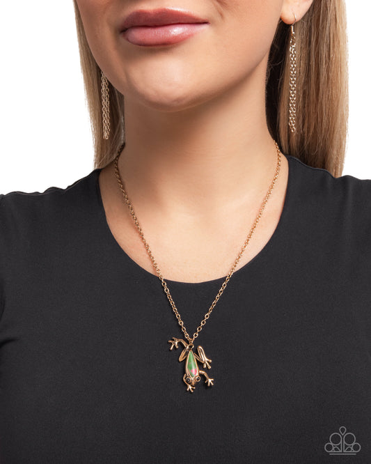Flashy Tree Frog - Multi Stone Pendant Gold Necklace - Paparazzi Accessories