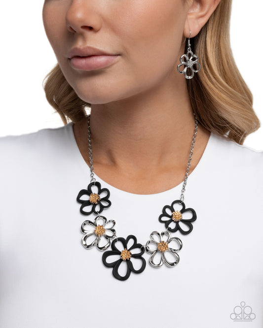 Beau Bouquet - Black Painted Flowers Gold Necklace - Paparazzi Accessories