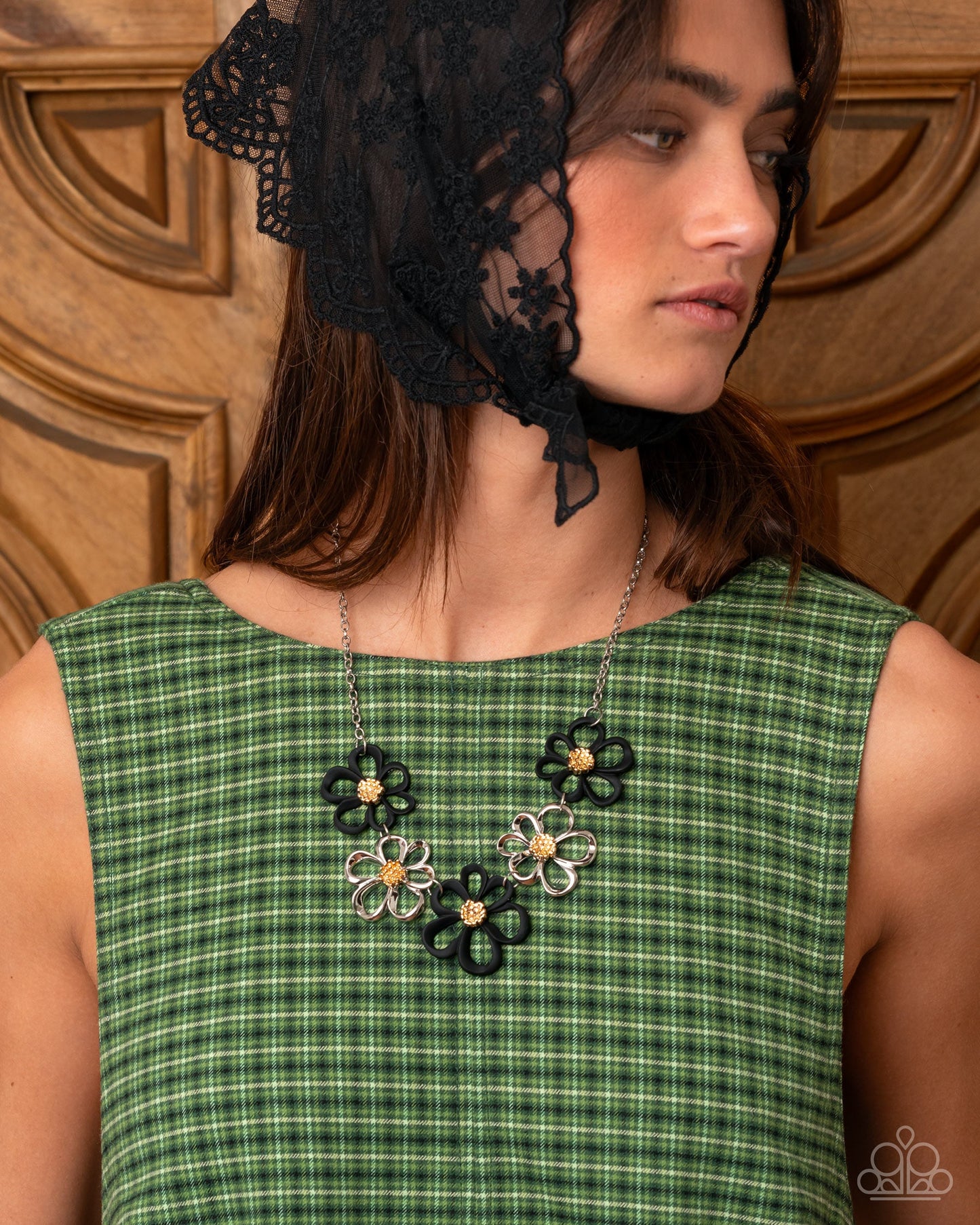 Beau Bouquet - Black Painted Flowers Gold Necklace - Paparazzi Accessories