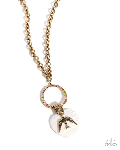Malibu Match - Multi Rhinestone Shell Heart Pendant Gold Necklace - March 2025 Life of the Party Exclusive - Paparazzi Accessories