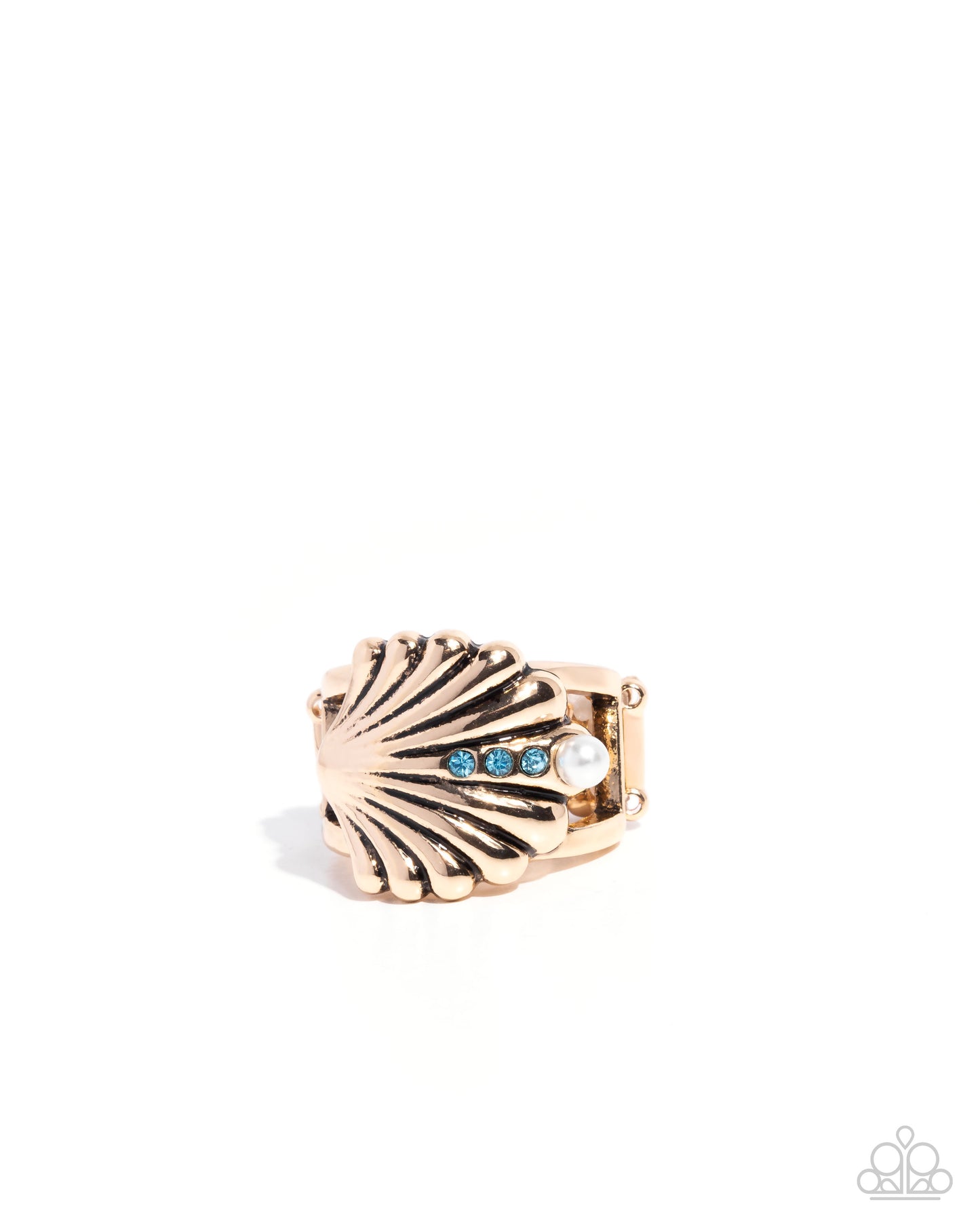 Seashell Side - Blue Rhinestone Gold Seashell Ring - Paparazzi Accessories