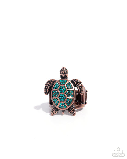 Turtle Triumph - Copper & Turquoise Rhinestone Ring - Paparazzi Accessories