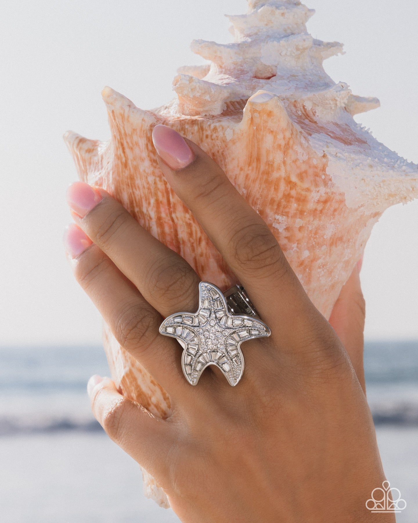 Starfish Scope - White Rhinestone Starfish Ring - Paparazzi Accessories