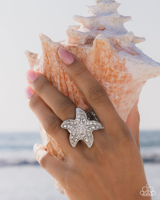 Starfish Scope - White Rhinestone Starfish Ring - Paparazzi Accessories