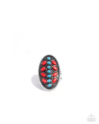 Layered Landmark - Red & Blue Turquoise Crackle Stone Silver Ring - Paparazzi Accessories