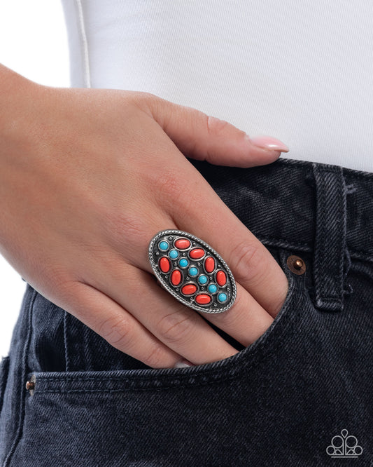 Layered Landmark - Red & Blue Turquoise Crackle Stone Silver Ring - Paparazzi Accessories