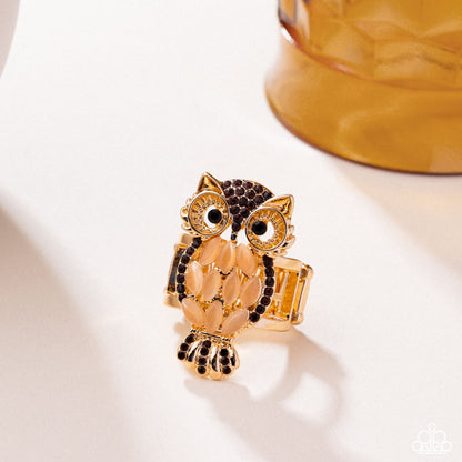 Owl Obsession - Brown Rhinestone Golden Cats Eye Stone Gold Ring - Paparazzi Accessories