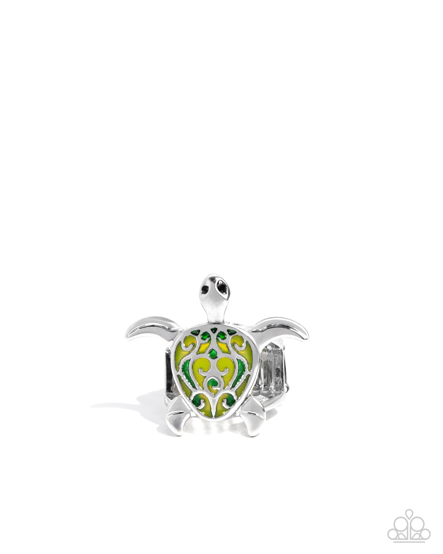 Tailored Turtle - Green Turtle Silver Filigree Ring - Paparazzi Accesories
