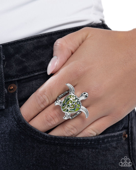 Tailored Turtle - Green Turtle Silver Filigree Ring - Paparazzi Accesories