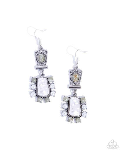 Synthetic Serentiy - Silver Gray Green Marbled Stone White Pearl Silver Fishhook Earrings - Paparazzi Accessories