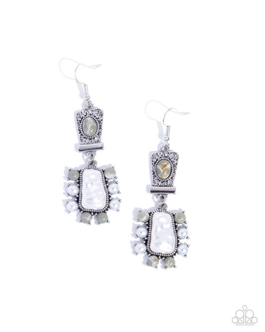 Synthetic Serentiy - Silver Gray Green Marbled Stone White Pearl Silver Fishhook Earrings - Paparazzi Accessories