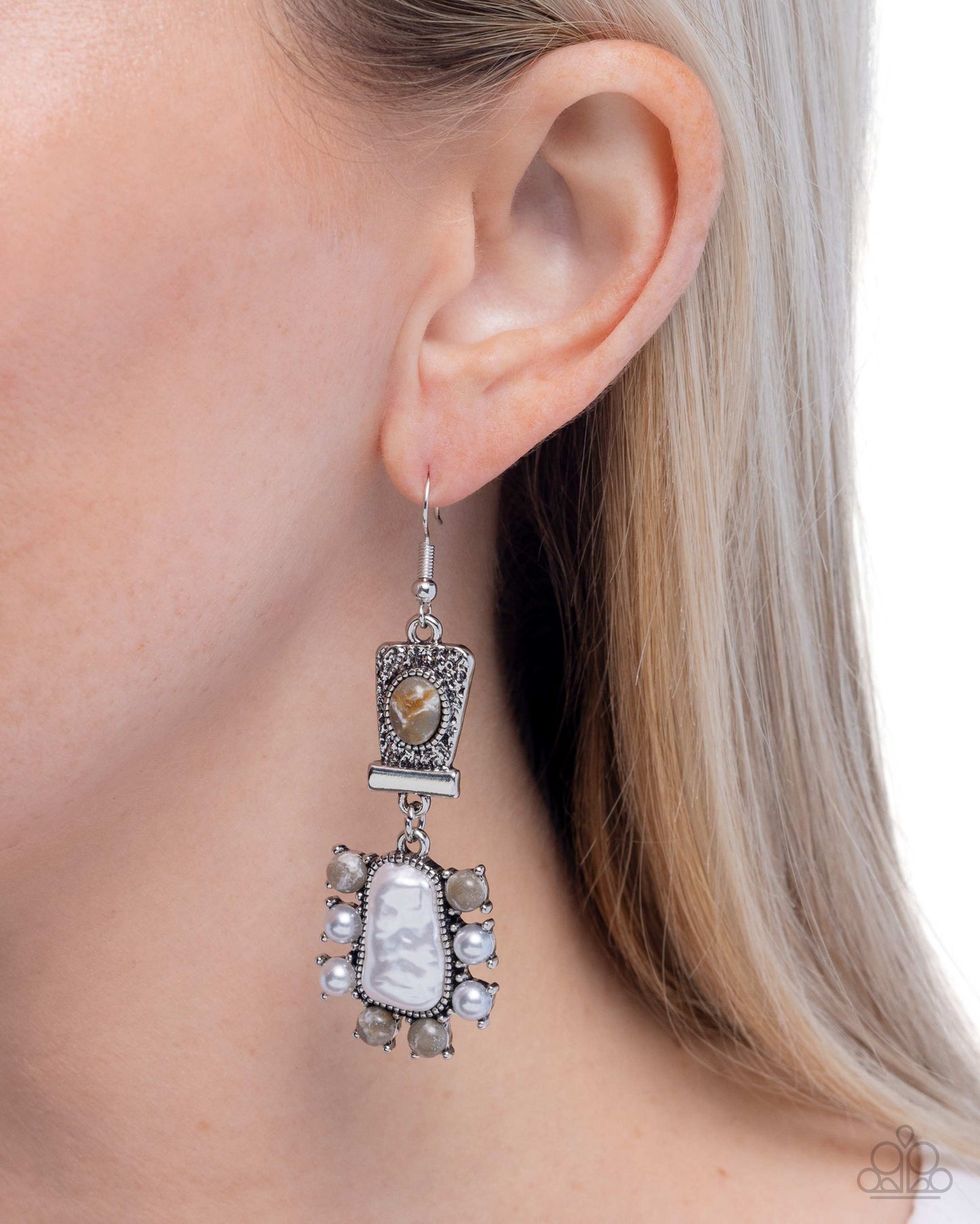 Synthetic Serentiy - Silver Gray Green Marbled Stone White Pearl Silver Fishhook Earrings - Paparazzi Accessories