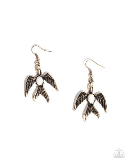 Soaring Stones - White Stone Gold Bird Fishhook Earrings - Paparazzi Accessories