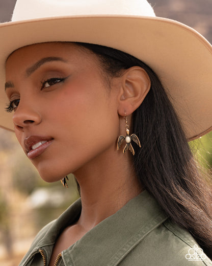 Soaring Stones - White Stone Gold Bird Fishhook Earrings - Paparazzi Accessories