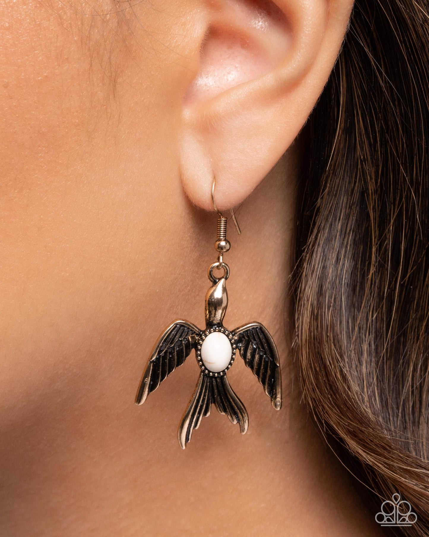 Soaring Stones - White Stone Gold Bird Fishhook Earrings - Paparazzi Accessories