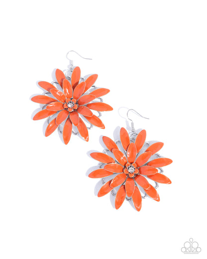 Floral Feeling - Orange Enamel Silver Flower Fishhook Earrings - Paparazzi Accessories