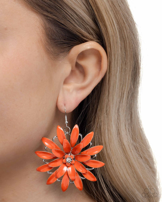 Floral Feeling - Orange Enamel Silver Flower Fishhook Earrings - Paparazzi Accessories