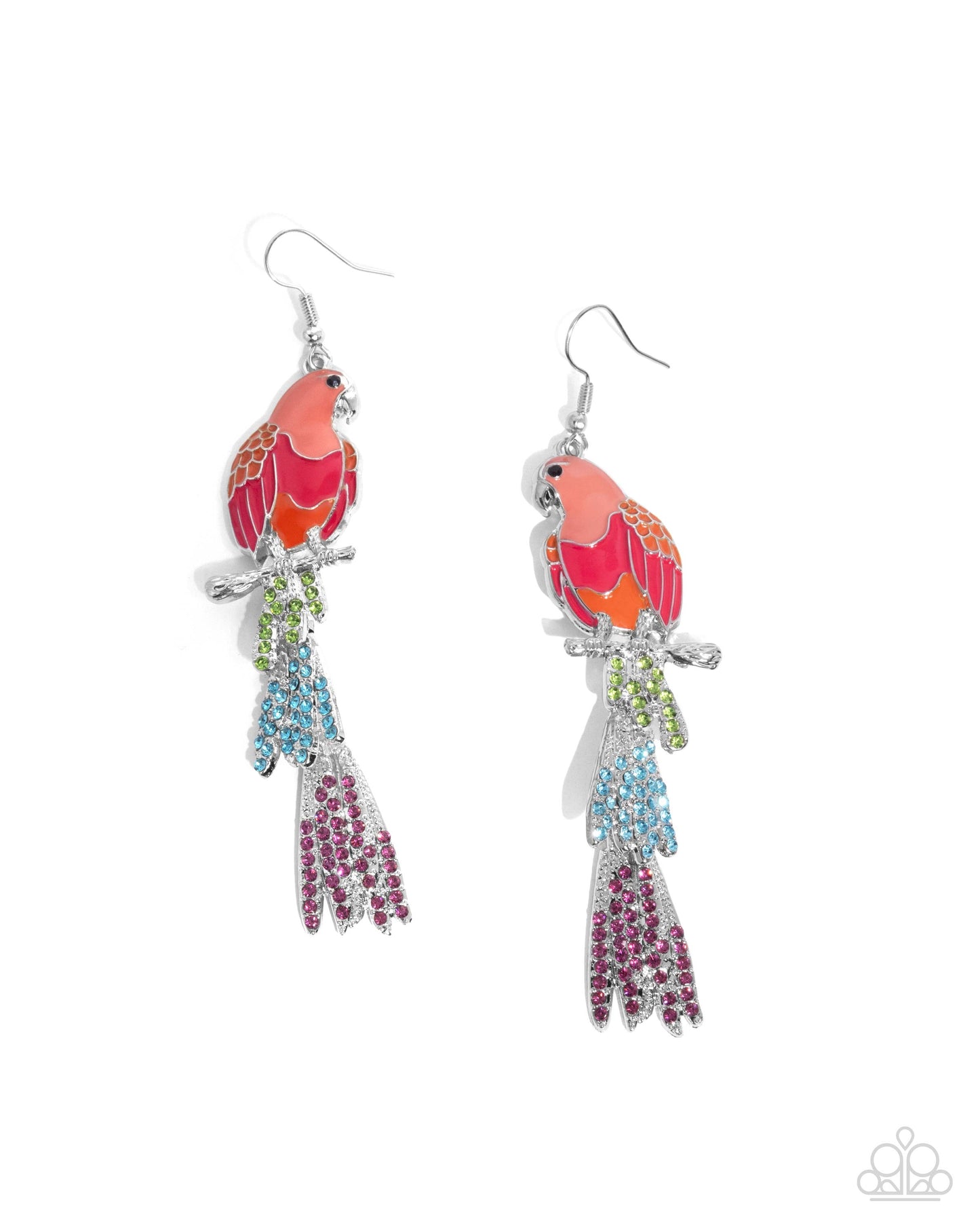 Parrot Pull - Orange, Peach & Pink Rhinestone Sikver Fishhook Earrings - Paparazzi Accessories