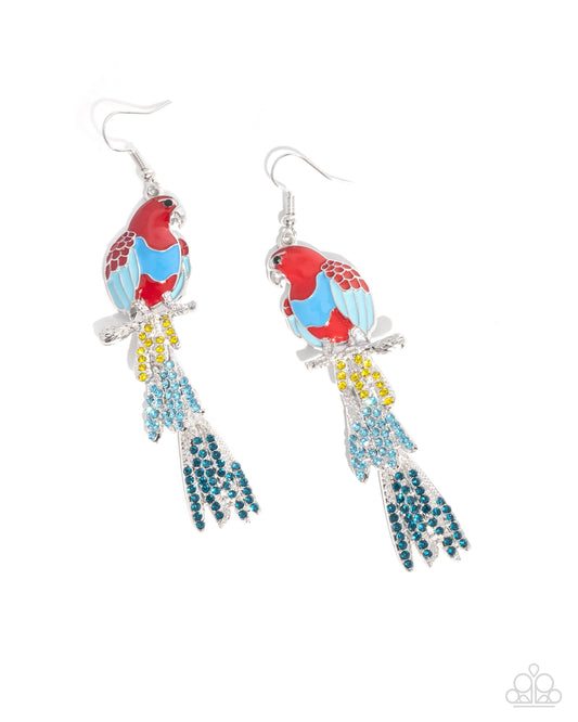 Parrot Pull - Red Enamel Yellow & Blue Rhinestone Silver Fishhook Earrings - Paparazzi Accessories