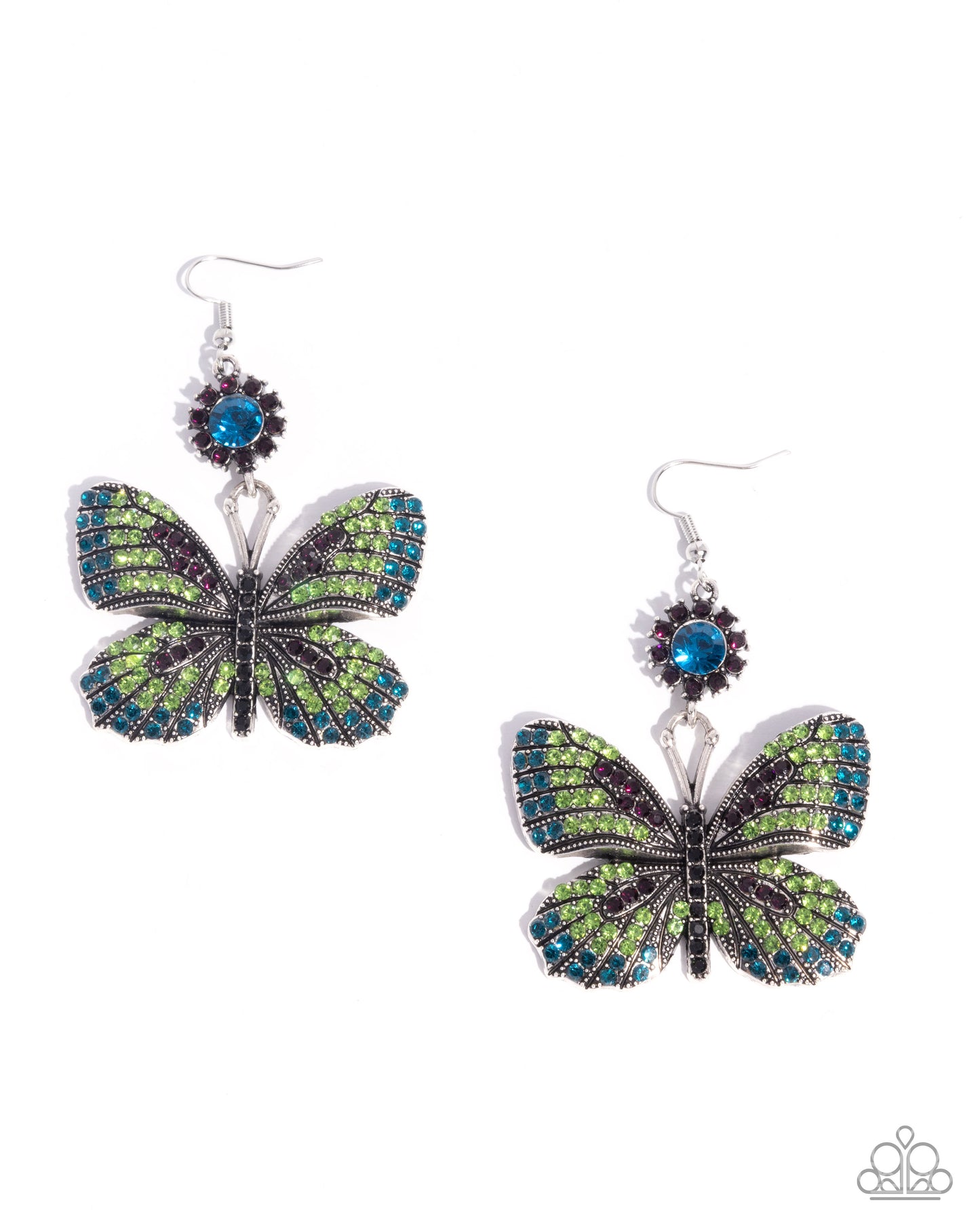 Fluttering Feature - Green, Blue, Purple Rhinestone Silver Butterfly Fishhook Earrings - Paparazzi Accessories