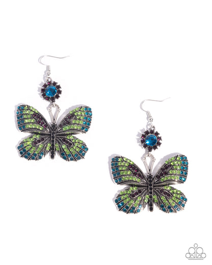 Fluttering Feature - Green, Blue, Purple Rhinestone Silver Butterfly Fishhook Earrings - Paparazzi Accessories