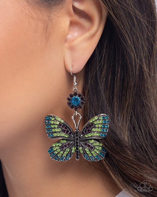 Fluttering Feature - Green, Blue, Purple Rhinestone Silver Butterfly Fishhook Earrings - Paparazzi Accessories